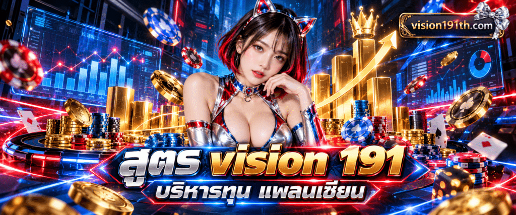 ภาพกราฟิกแสดงแผนภูมิแท่งสีทองและชิปเครดิตที่จัดเป็นระเบียบตาม สูตร vision 191 บริหารทุน สร้างกำไ