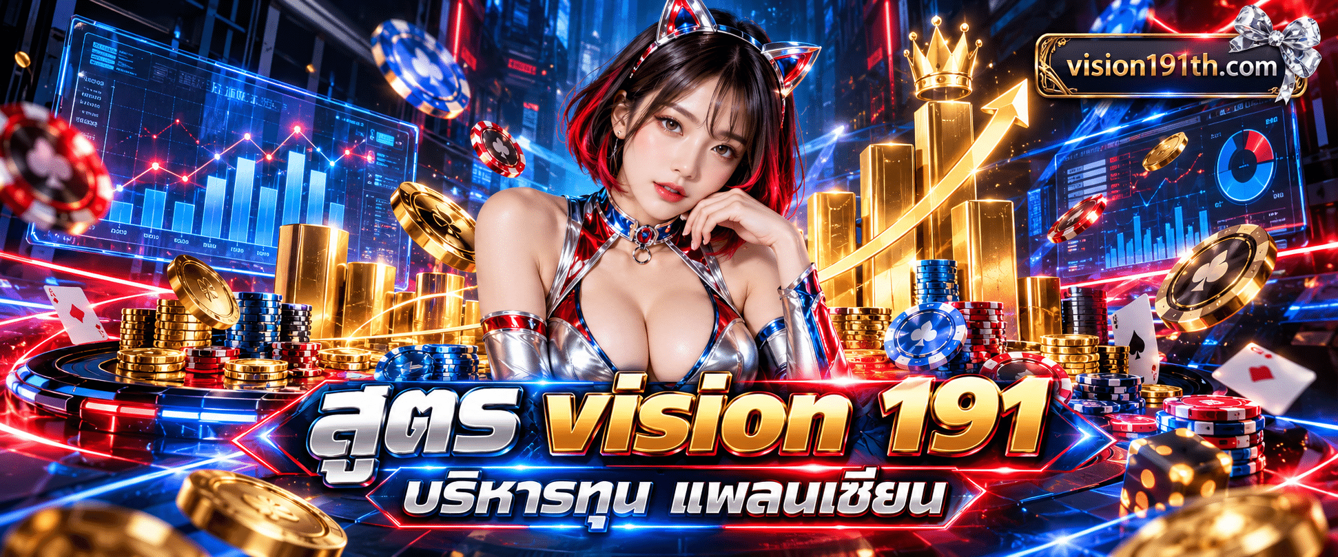 ภาพกราฟิกแสดงแผนภูมิแท่งสีทองและชิปเครดิตที่จัดเป็นระเบียบตาม สูตร vision 191 บริหารทุน สร้างกำไ