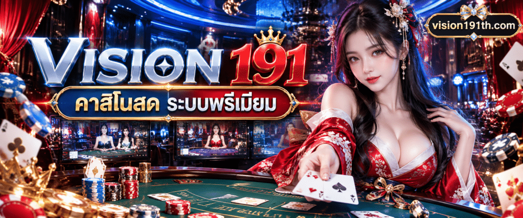 ดีลเลอร์สาวสวยในชุดราตรีกำลังแจกไพ่บนโต๊ะเดิมพันสีเขียวในระบบ VISION 191 คาสิโนสด ระดับไฮคลาส