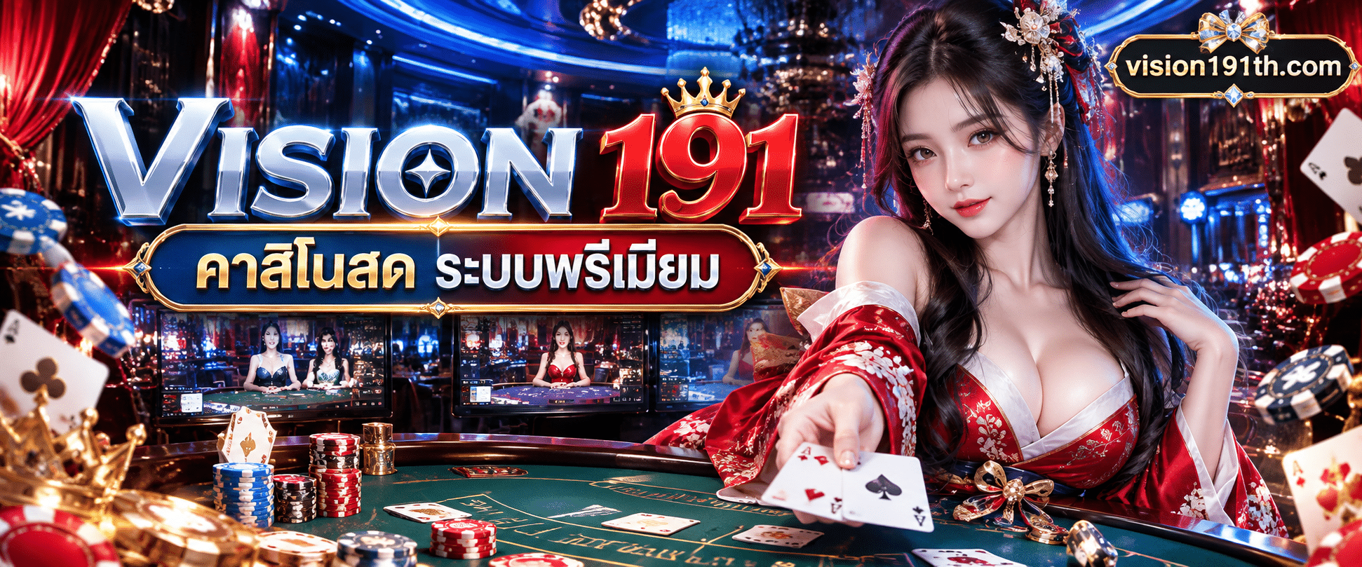 ดีลเลอร์สาวสวยในชุดราตรีกำลังแจกไพ่บนโต๊ะเดิมพันสีเขียวในระบบ VISION 191 คาสิโนสด ระดับไฮคลาส