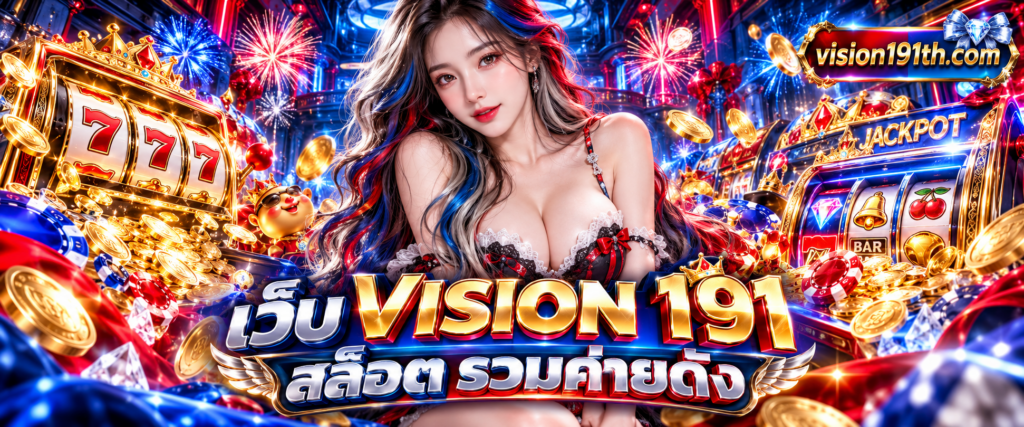 ตู้สล็อตแมชชีนสามมิติแสงสีอลังการที่มีสัญลักษณ์เหรียญทองร่วงลงมาจาก เว็บ VISION 191 สล็อต อัตราจ่ายสูง